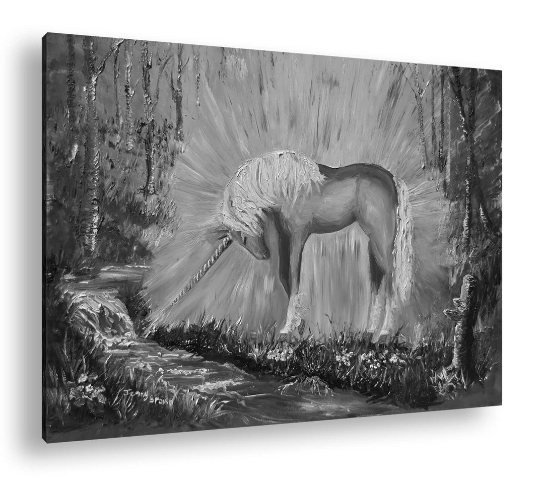 deyoli glänzendes Einhorn Format: 80x60 Effekt: Schwarz&Weiss als Leinwandbild, Motiv fertig gerahmt