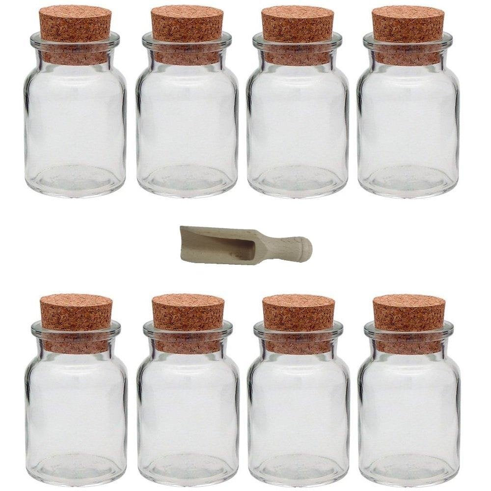 mikken 8 Gewürzgläser 150ml mit Korkverschluss inkl. einer kleinen Holzschaufel 7,5 cm, 150ml