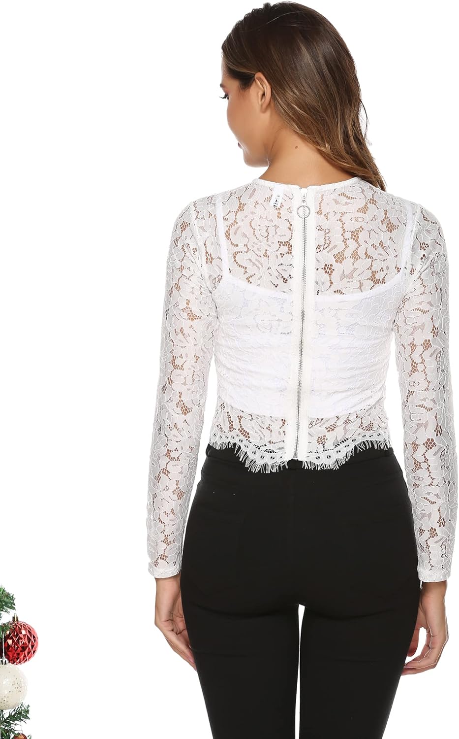 Spitzenbluse Damen Langarm Sexy Mesh Oberteil Transparentes Spitzen-Top Elegantes Rundhals Dirndl Bl