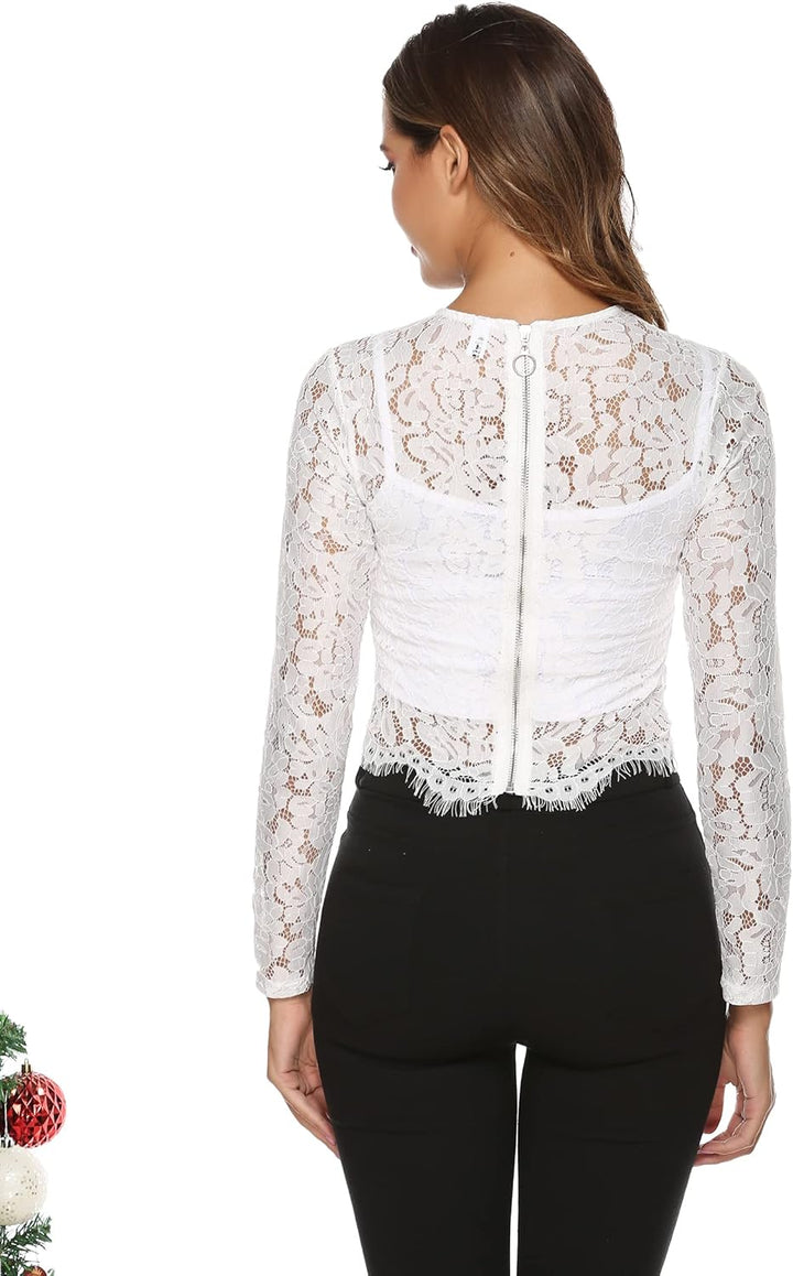 Spitzenbluse Damen Langarm Sexy Mesh Oberteil Transparentes Spitzen-Top Elegantes Rundhals Dirndl Bl
