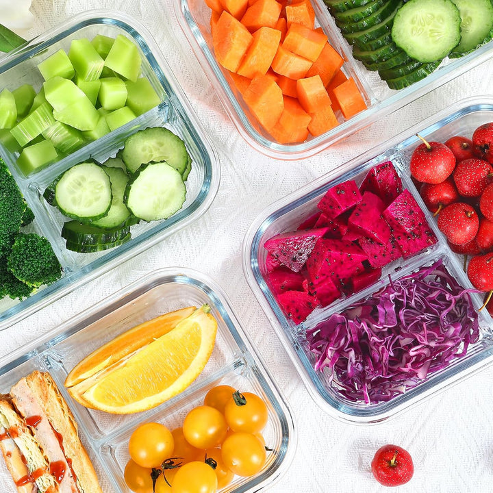 Glasbehälter mit Deckel Meal Prep Boxen Glas 3 Fächer (5Stück, 1040ml) Meal Prep Boxen Glas mit Tren
