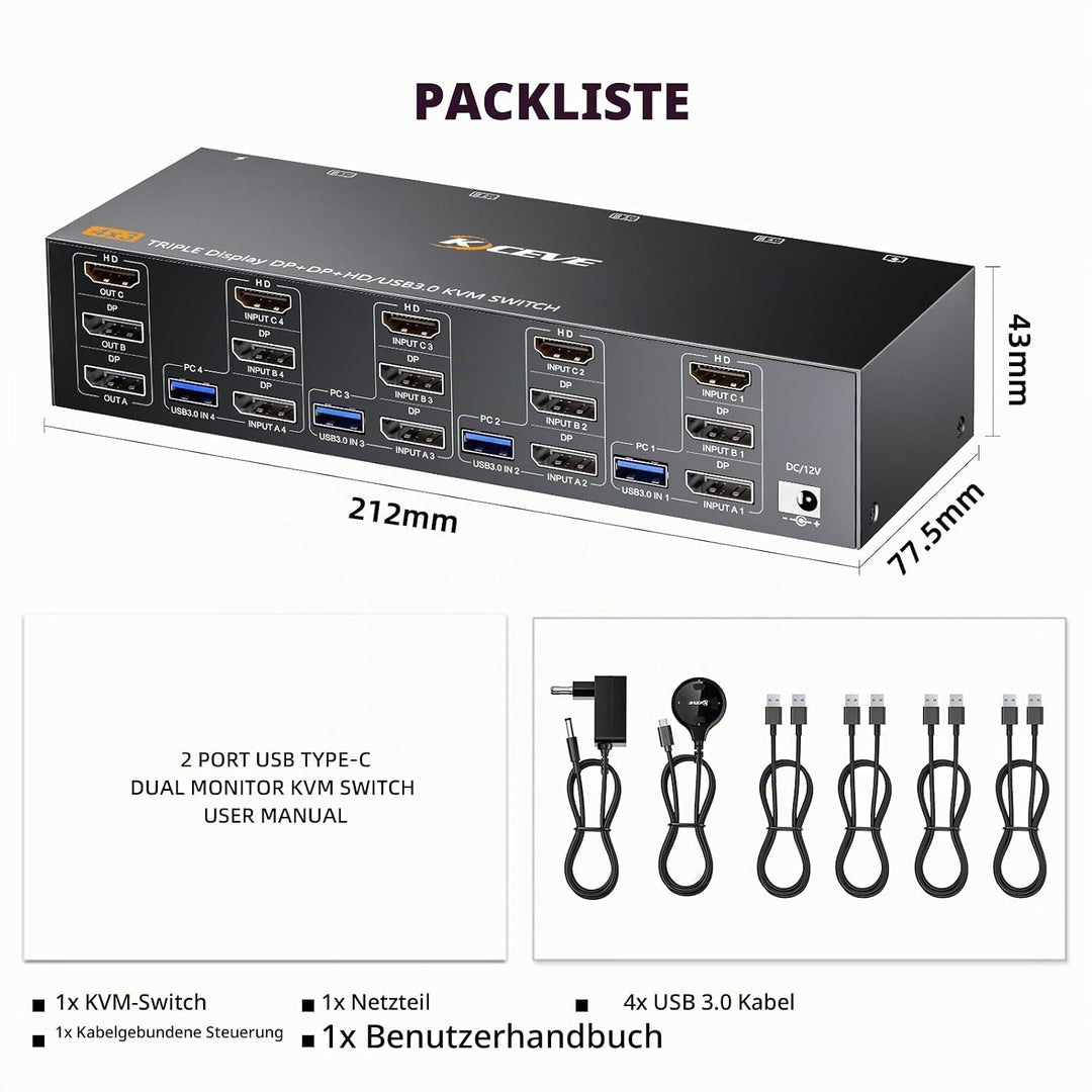 KVM Switch 4 PC 3 Monitore 8K@60Hz 4K@144Hz, USB 3.0 KVM Switch Triple Monitor 2 Displayport 1.4 + H
