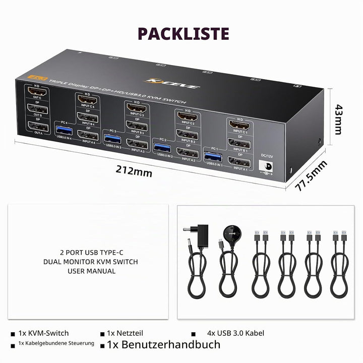 KVM Switch 4 PC 3 Monitore 8K@60Hz 4K@144Hz, USB 3.0 KVM Switch Triple Monitor 2 Displayport 1.4 + H