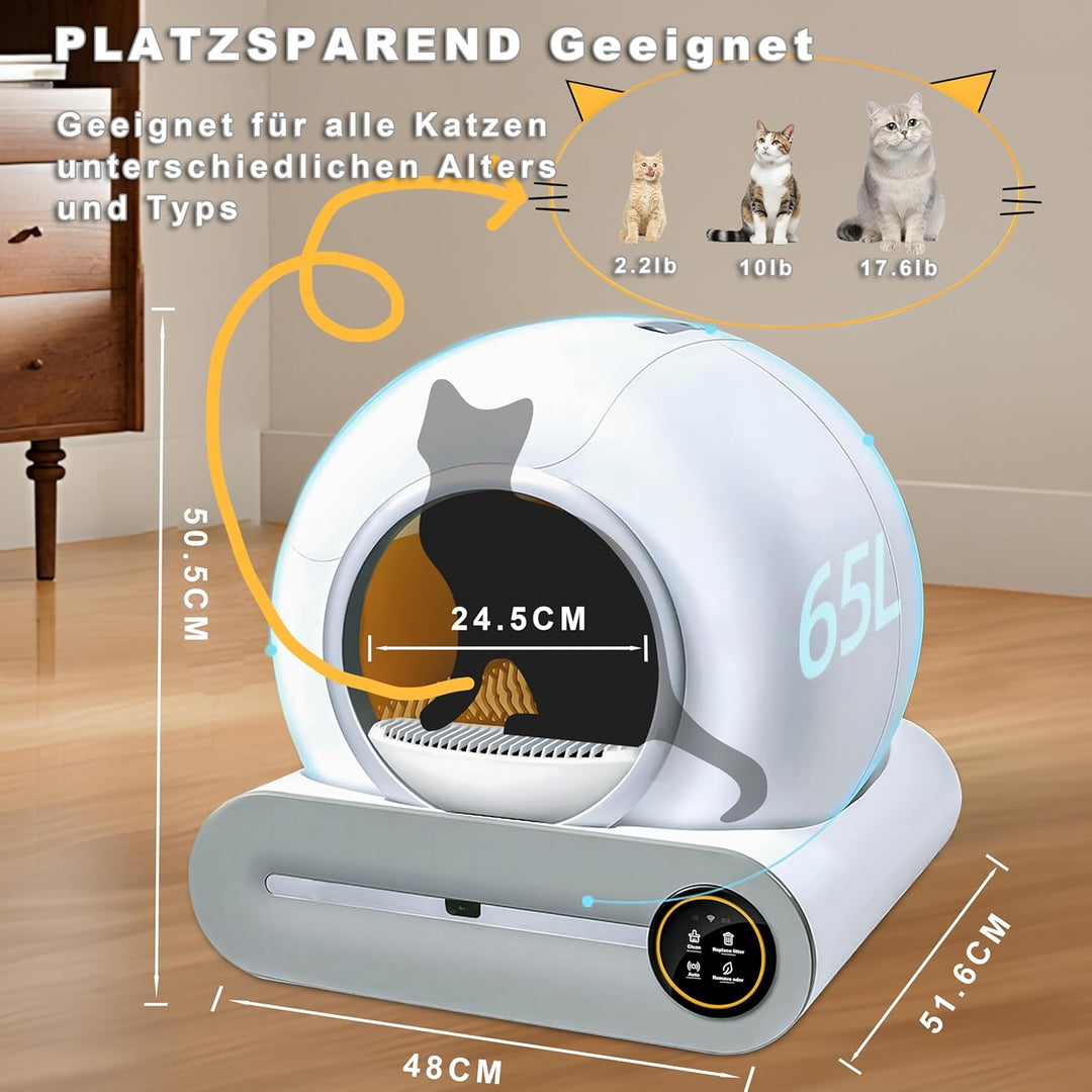 Selbstreinigende Katzentoilette, 65L+9L Selbstreinigende Toilette mit 5 Rollen Müllsäcken und 1 Fuss