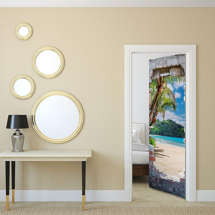 wandmotiv24 Türtapete 3D Steinwand, Paradies, Meer, Strand 80 x 200cm (B x H) - Dekorfolie selbstkle