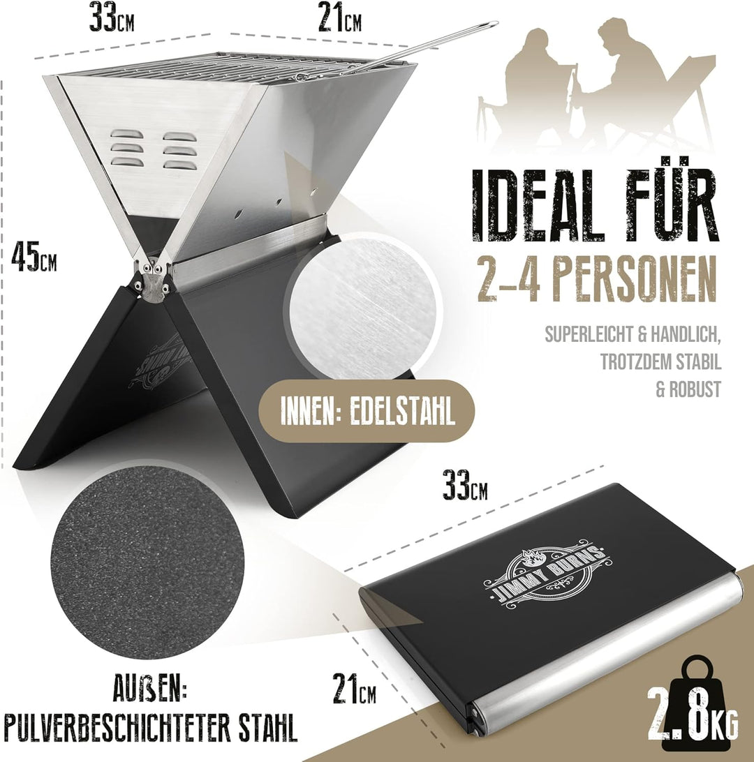 JIMMY BURNS Campinggrill Holzkohle Edelstahl | [Notebook Design] | für 2-4 Personen | Barbecue Klapp