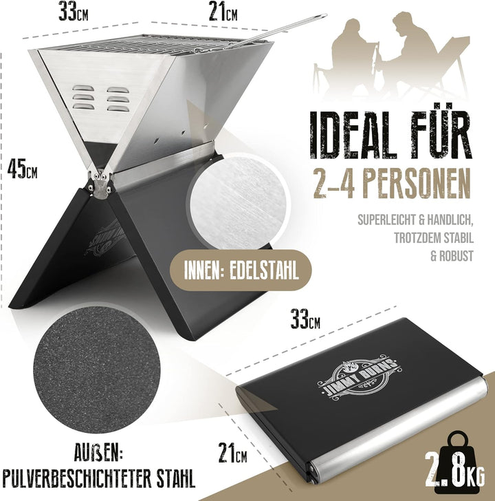 JIMMY BURNS Campinggrill Holzkohle Edelstahl | [Notebook Design] | für 2-4 Personen | Barbecue Klapp