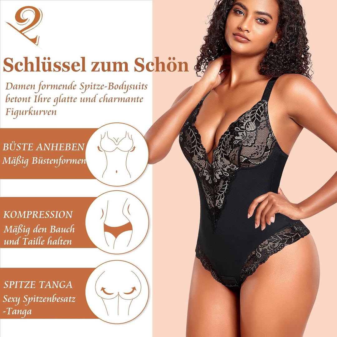 YARRCO Shapewear Damen Body Shaper Bauchweg XL Schwarz auf Beige-Tief-V-Spitze, XL Schwarz auf Beige