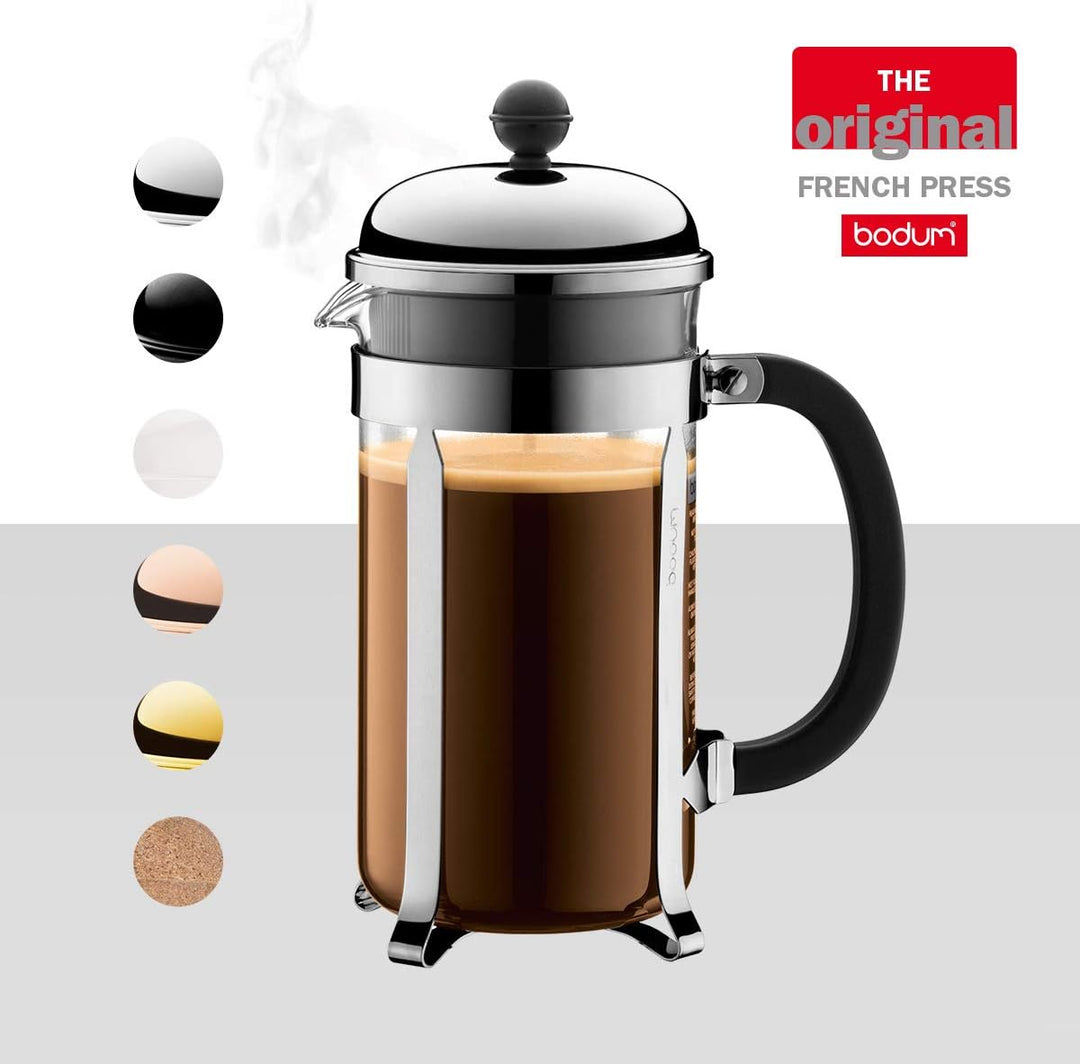 Bodum Chambord Kaffeebereiter 8 Tassen mit Metallrahmen, Chrom, Schwarz, 1 l