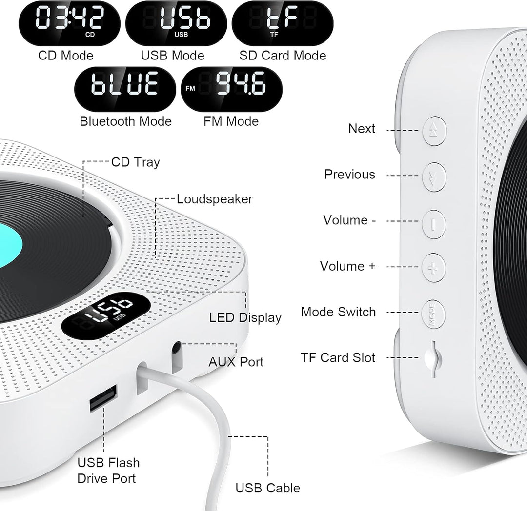 CD Player Wandmontage Bluetooth, Gueray Tragbarer CD Player HiFi Lautsprecher Fernbedienung LED-Disp