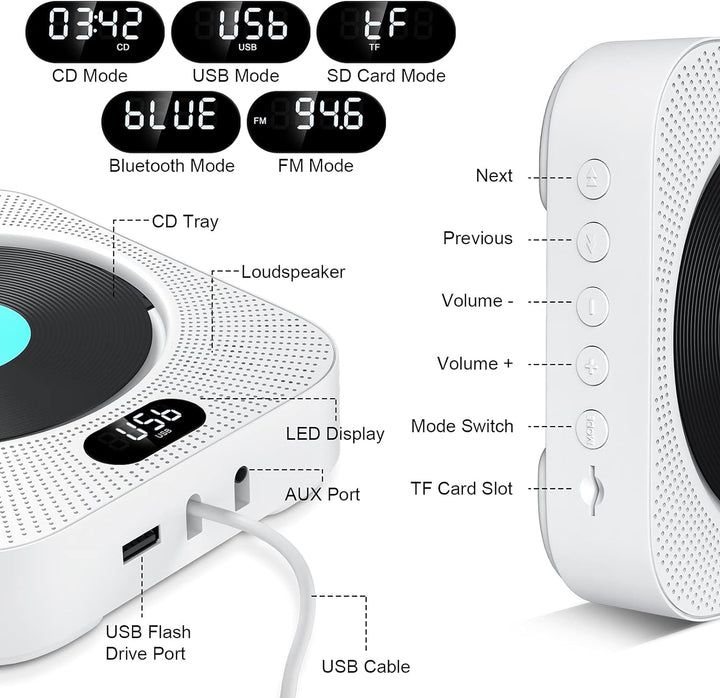 CD Player Wandmontage Bluetooth, Gueray Tragbarer CD Player HiFi Lautsprecher Fernbedienung LED-Disp