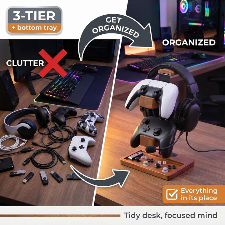 Controller Halter und Headset Ständer Holz, 3-Ebenen Gaming Controller Ständer mit Ablageschale, Mas