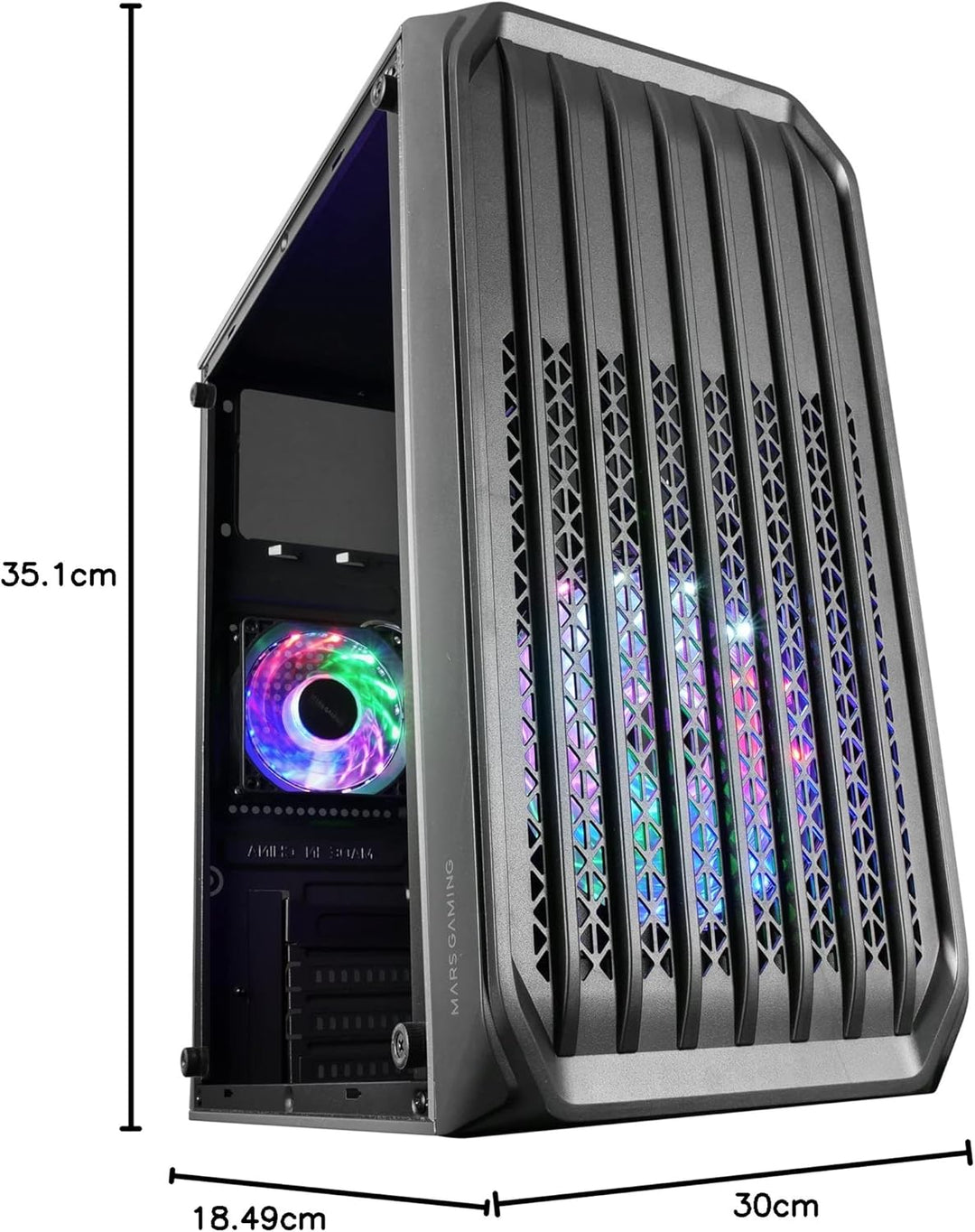MarsGaming MC-S2 Schwarz, Kompaktes Micro-ATX Gaming PC-Gehäuse, 2 FRGB Rainbow-Lüfter mit Frontgitt