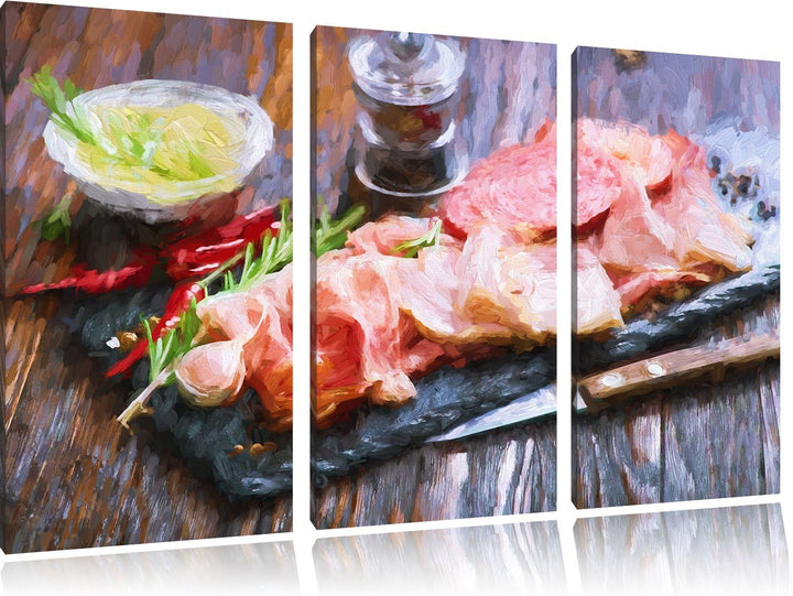 Pixxprint Antipasti verschiedener Wurstsorten Kunst Pinsel Effekt 3-Teiler Leinwandbild 120x80 Bild