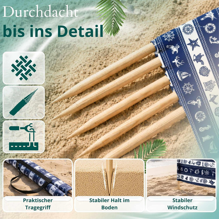 Strandparavent Mikrofaser | Windschutz 80cm | Marine Muscheln 12m | Robuste Holzstäbe | Vernäht | Ho
