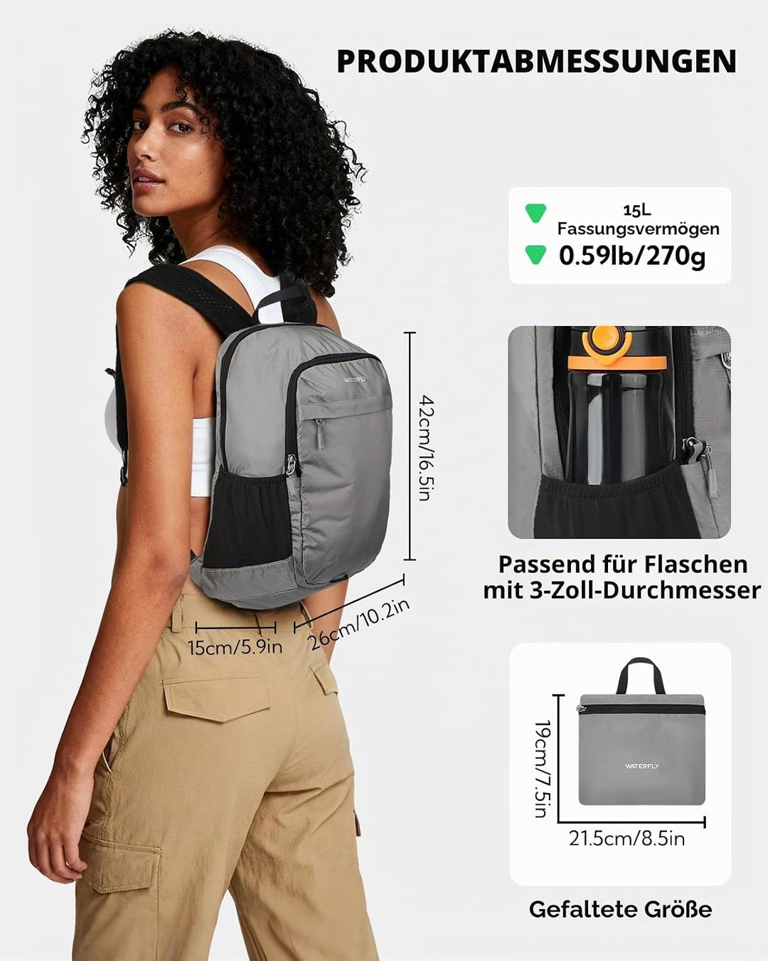 WATERFLY Faltbarer Rucksack Klein Ultraleicht: 15L Wanderrucksack Leicht Tagesrucksack Packable Dayp