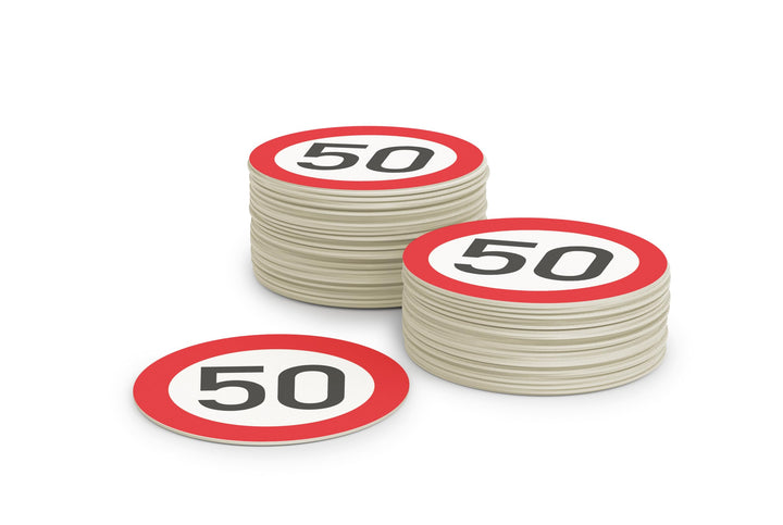 Bierdeckel Pappe zum 50. Geburtstag (50 Stück) Verkehrsschild Gläser Untersetzer (⌀10cm) für Frauen