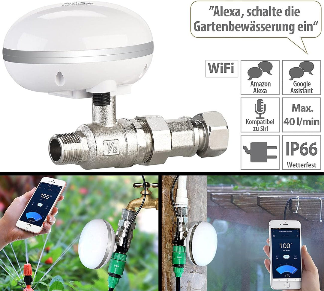 Royal Gardineer Bewässerungssteuerung: WLAN-Bewässerungscomputer mit Durchfluss-Regelventil und App-