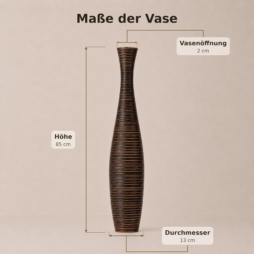 Leewadee Grosse Bodenvase für Dekozweige hohe Standvase Design Holzvase, Holz, 90 cm, Braun 90 cm Br