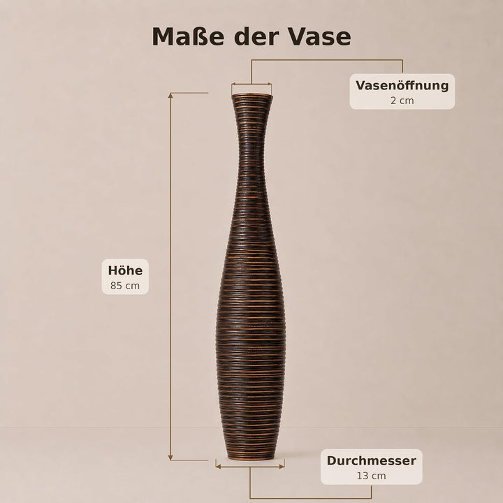 Leewadee Grosse Bodenvase für Dekozweige hohe Standvase Design Holzvase, Holz, 90 cm, Braun 90 cm Br