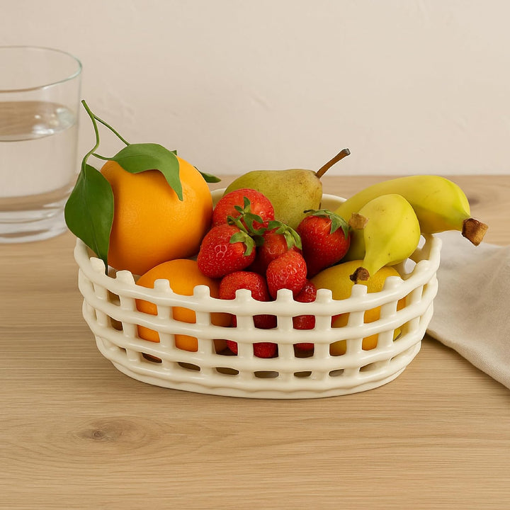 Baroni Home Geflochtener Mehrzweckkorb aus Keramik, Obstschale, Tischdeko, Taschenleerer, rund, weis