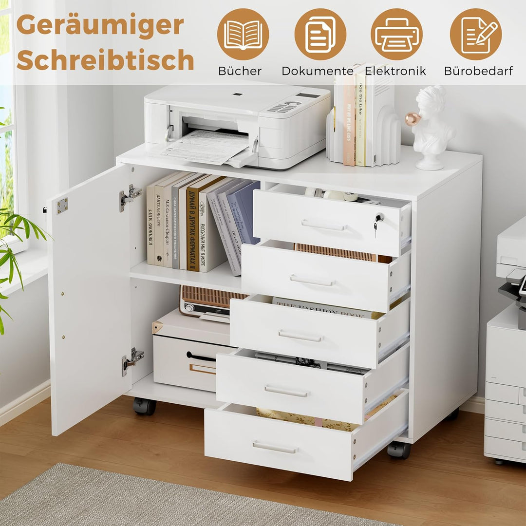 BEWISHOME Rollcontainer Schreibtisch mit 5 Schubladen, Aktenschrank Abschliessbar mit 5 Rollen, 1 Sc
