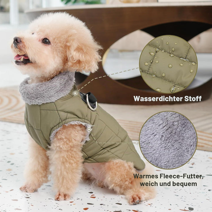 Warmer Fleece-Hundemantel mit strapazierfähigem Geschirr mit D-Ring, wasserdichte Welpenjacke für kl