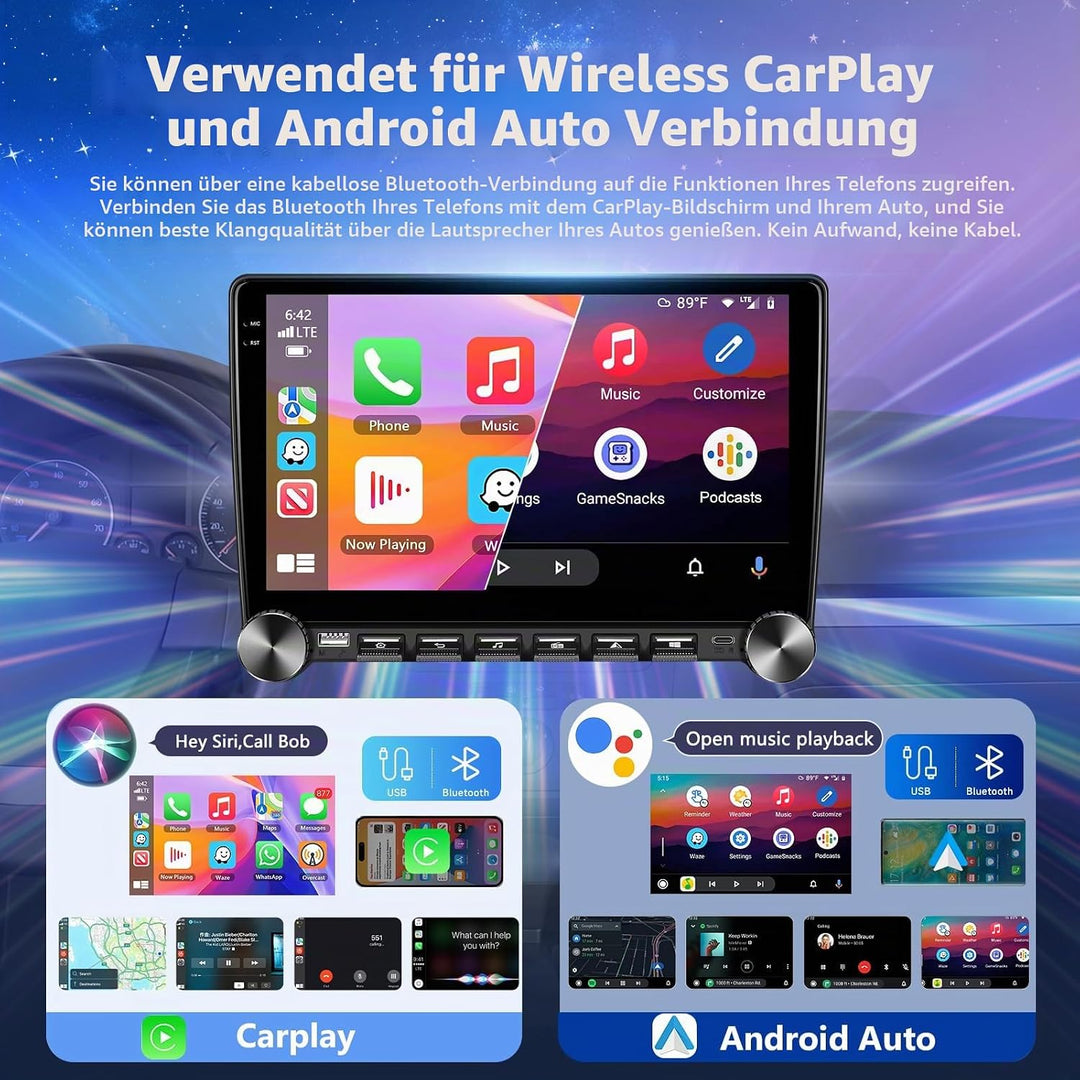 4GB+64GB Autoradio mit Kabelloses Carplay/Android Auto, 10 Zoll 2 Din Android Bildschirm Touchscreen