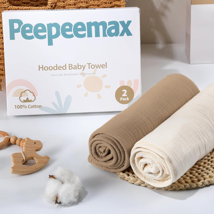 Kapuzenhandtuch Baby 2er-Pack, Musselin Baumwolle Baby Handtuch Kapuze, Ultraweiche und Saugfähige B