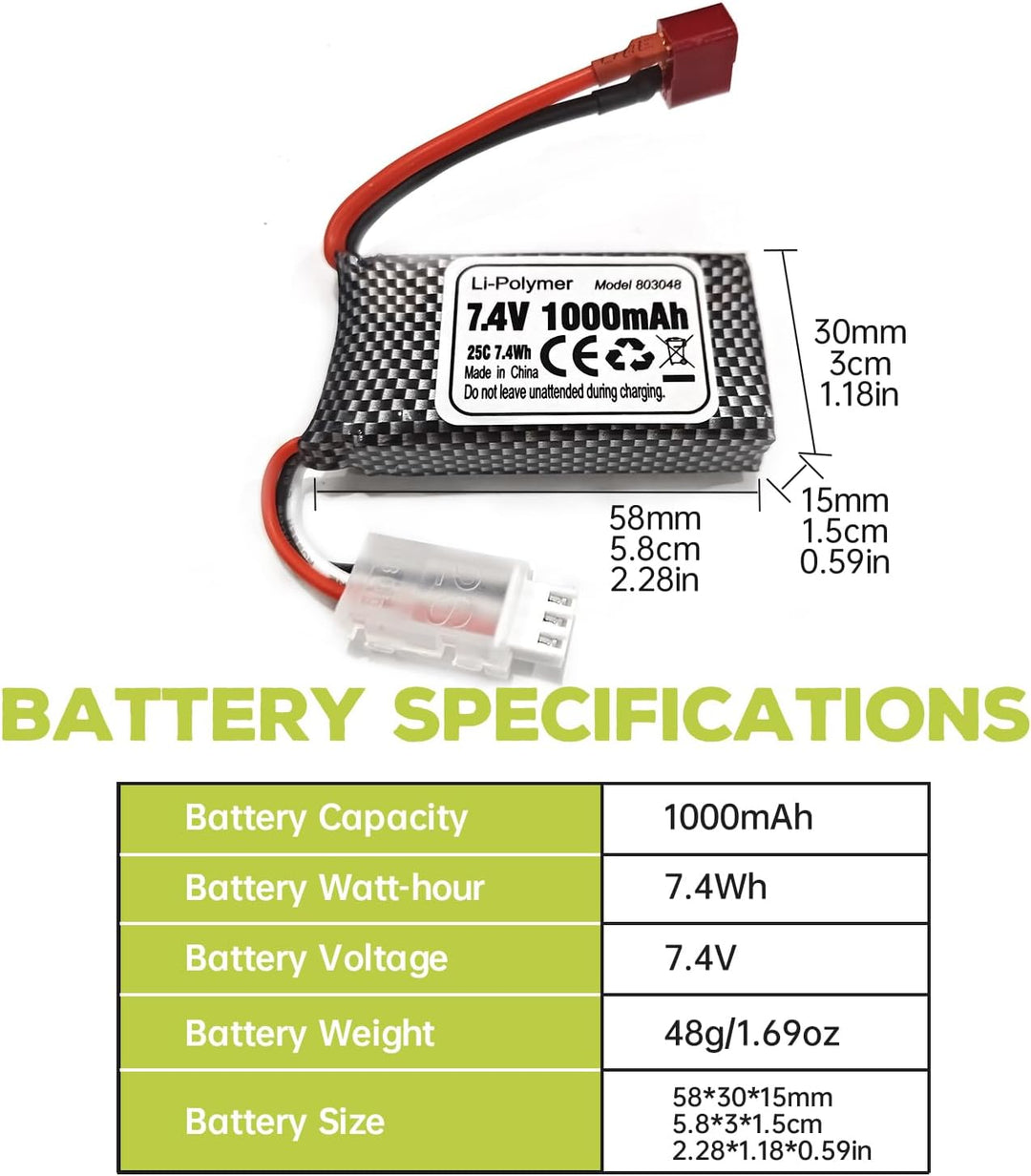 2PCS 7,4V 1000mAh T-Stecker-AKKU+ 2-in-1-Ladegerät für 18858 18859 18859A 18859E HM163 HM164 35-DJ03