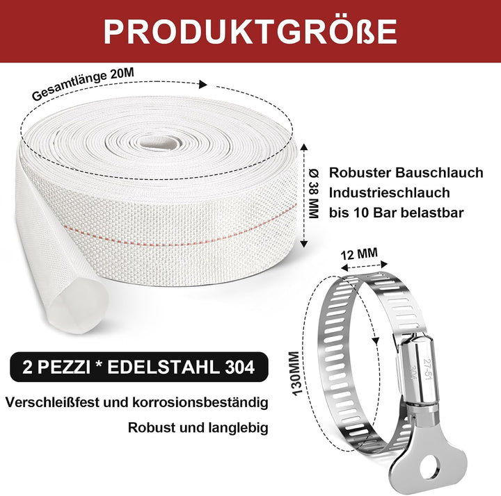 Flachschlauch Ø 38 mm (1 1/2 Zoll), 20 m Gewebeschlauch für Tauchpumpen &amp; Schmutzwasserpumpen, Robus