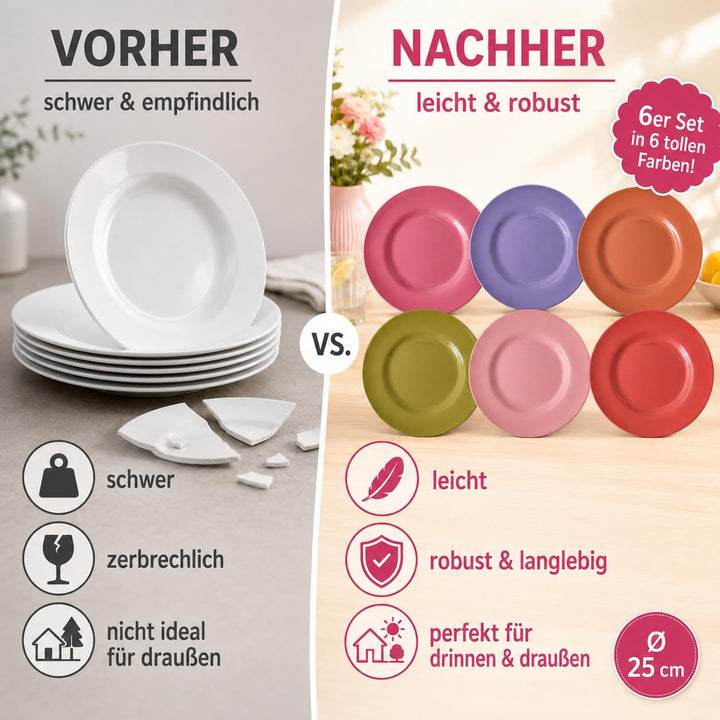 ReWu Melamin Teller 6er Set bunt, Essteller 25 cm | Essteller, BPA-frei, Essteller