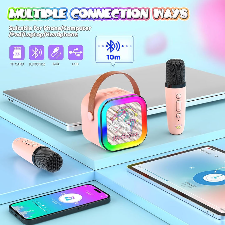 Dislocati Karaoke Maschine mit 2 Bluetooth Karaoke Mikrofon, Einhorn Geschenk Spielzeug für Mädchen
