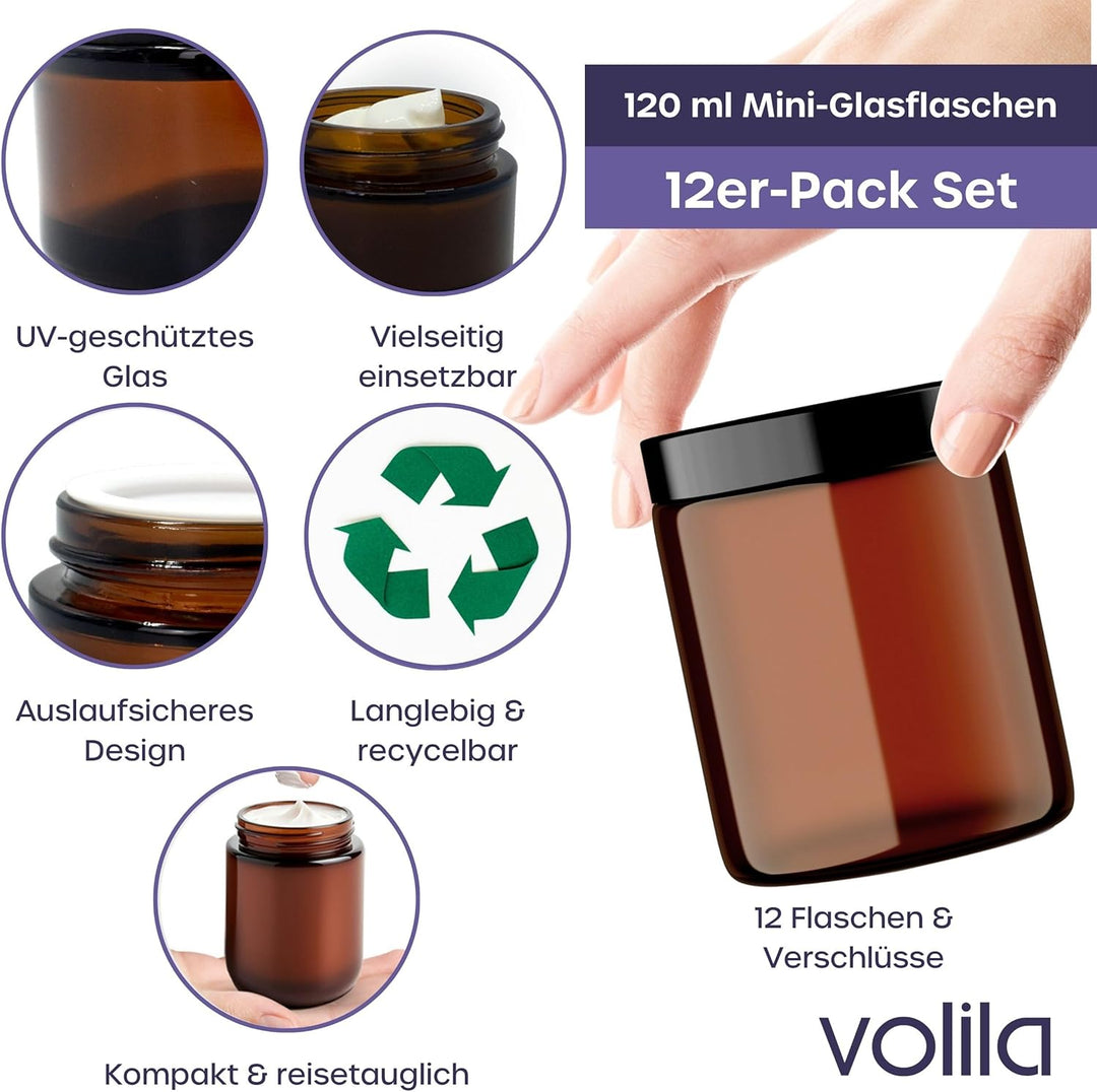 volila Braunglas Salbentiegel Gläschen mit Deckel (240ml x 12 Stück) - Glastiegel Creme Dosen zum Be
