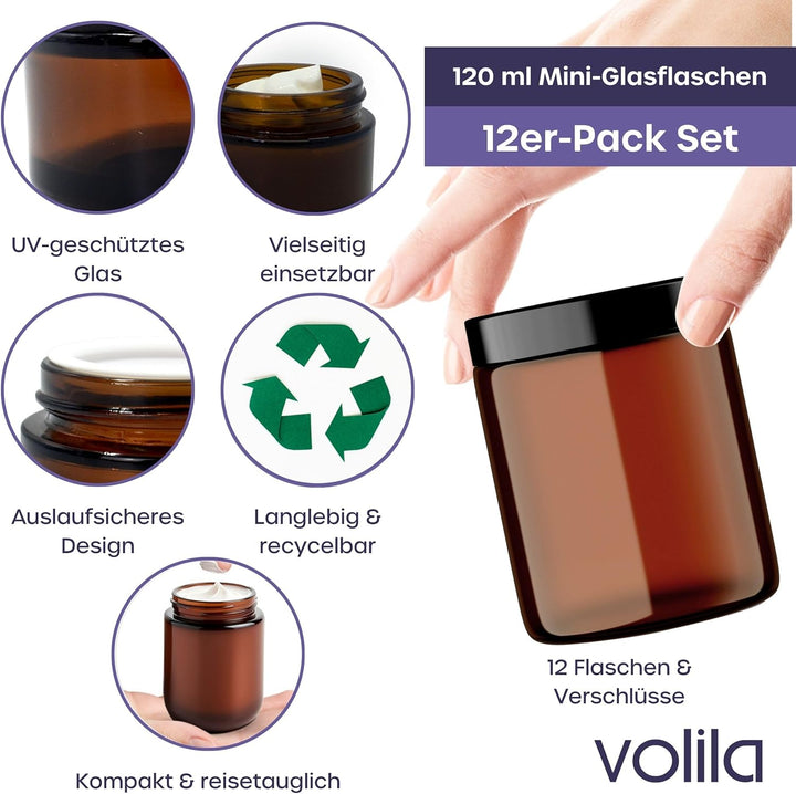 volila Braunglas Salbentiegel Gläschen mit Deckel (240ml x 12 Stück) - Glastiegel Creme Dosen zum Be