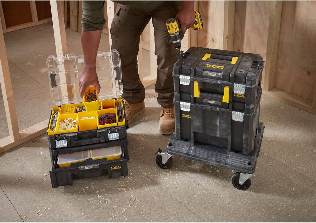 Stanley FatMax TSTAK Aktions-Tower, Bestehend aus Boxen V, III, II, VI und Rollenwagen, robust, Stap