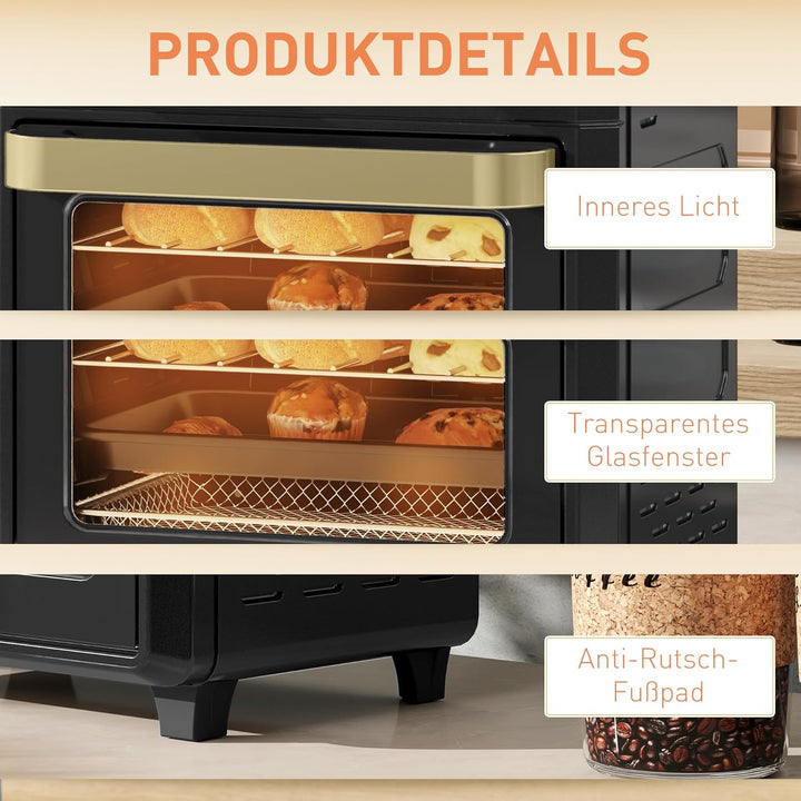 HOMCOM Minibackofen mit Umluft, 10L Heissluftfritteuse, Backofen Klein mit 60-Min-Timer und Innenbel