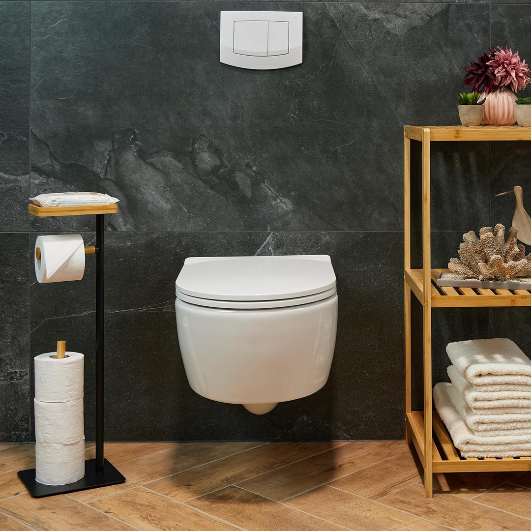 Relaxdays Toilettenpapierhalter mit Ablage, WC Rollenhalter stehend, Klopapierständer, Eisen und Bam