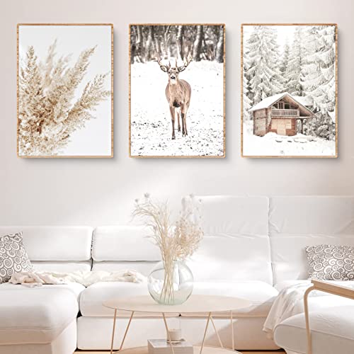 3er Poster Set Moderne Winter Schneelandschaft Wandbilder Bilder,Boho Bilder Set für Wohnzimmer Schl