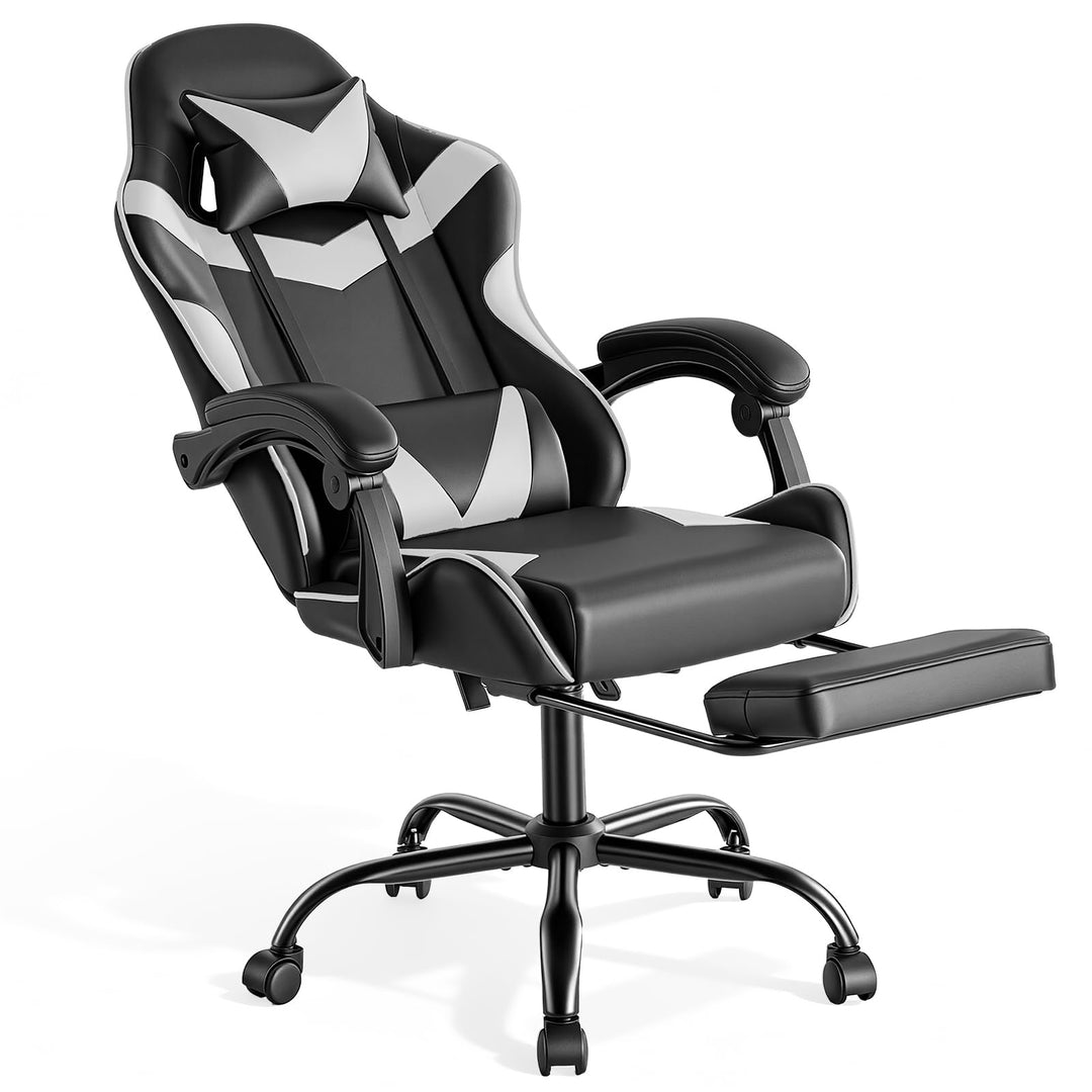 Sweetcrispy Gaming Stuhl, Gaming Chair mit Fussstütze Kopfstütze Lendenwirbelstütze, Ergonomischer P