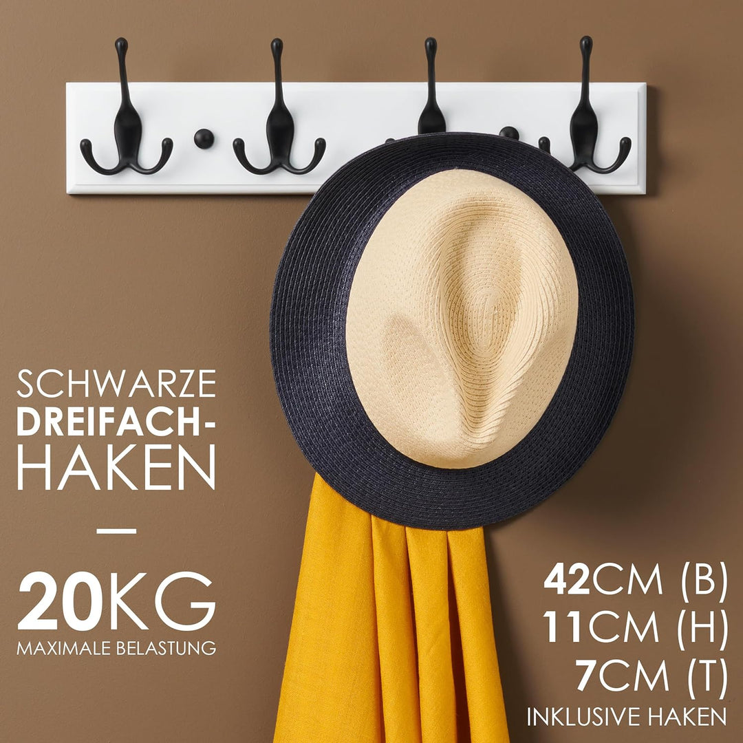 LARHN Garderobenhaken Weiss - Garderobenleiste Weiss mit 4 Haken in Schwarz - 42 cm - Kleiderhaken W