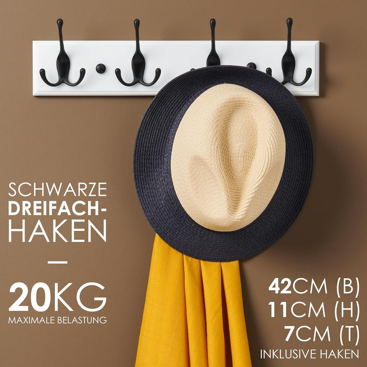 LARHN Garderobenhaken Weiss - Garderobenleiste Weiss mit 4 Haken in Schwarz - 42 cm - Kleiderhaken W