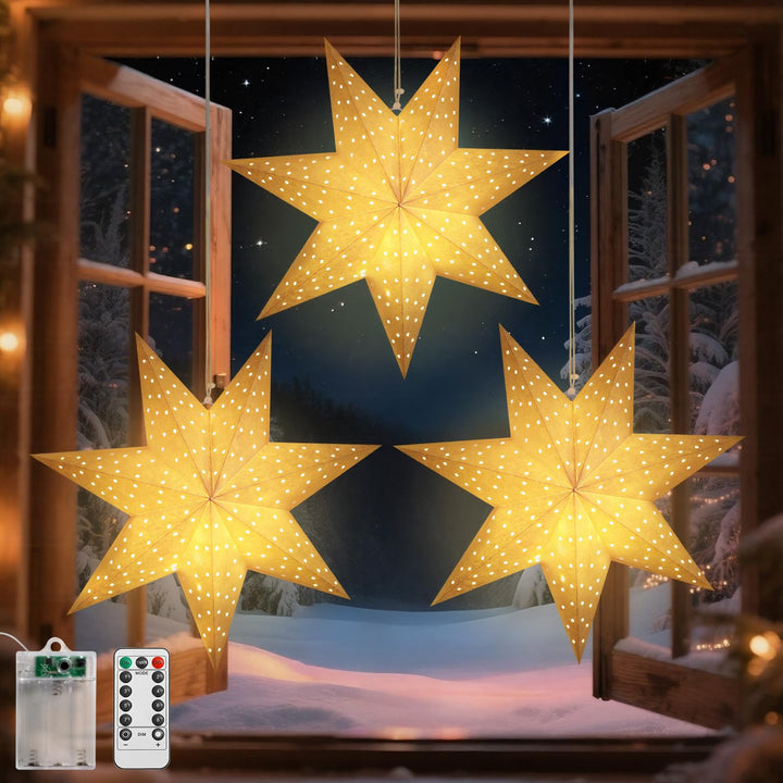 Lewondr Weihnachts Papier Stern Laternen 3PCS, Hängende 7-Zackige Stern Lichter Mit Ausgestanzten Pu