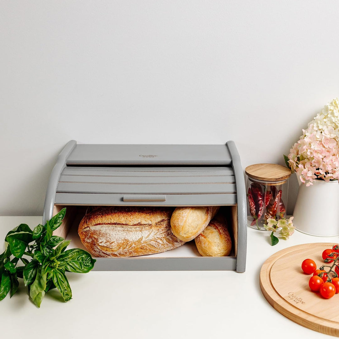 Creative Home Grau Brotkasten Holz | 38 x 28,5 x 17,5cm (+/-1cm) | Perfekte Brotbox für Brot Brötche