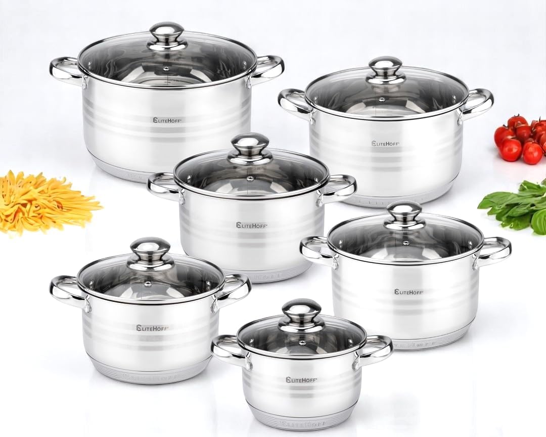 EliteHoff Topfset Induktion 12-teilig Edelstahl, Kochtopf Set mit Glasdeckel, 7-lagiger Edelstahl To
