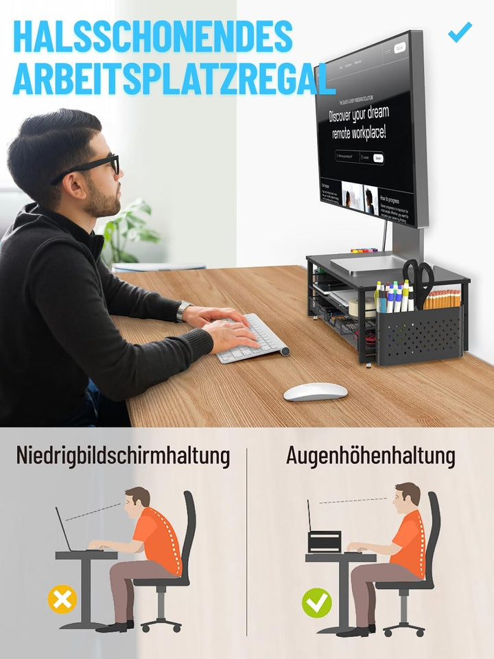 Monitor Ständer mit 2 Ebenen,Druckerständer, Monitorständer mit Gitterplattform, Schublade und Stift