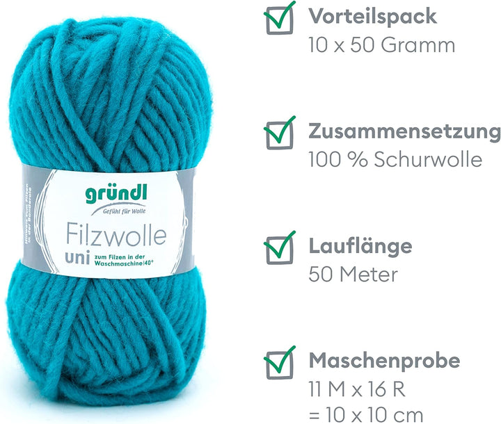 Gründl Filzwolle uni (Wolle zum Filzen, Stricken und Häkeln, Garn aus 100 % Schurwolle, 50 g / 50 m,
