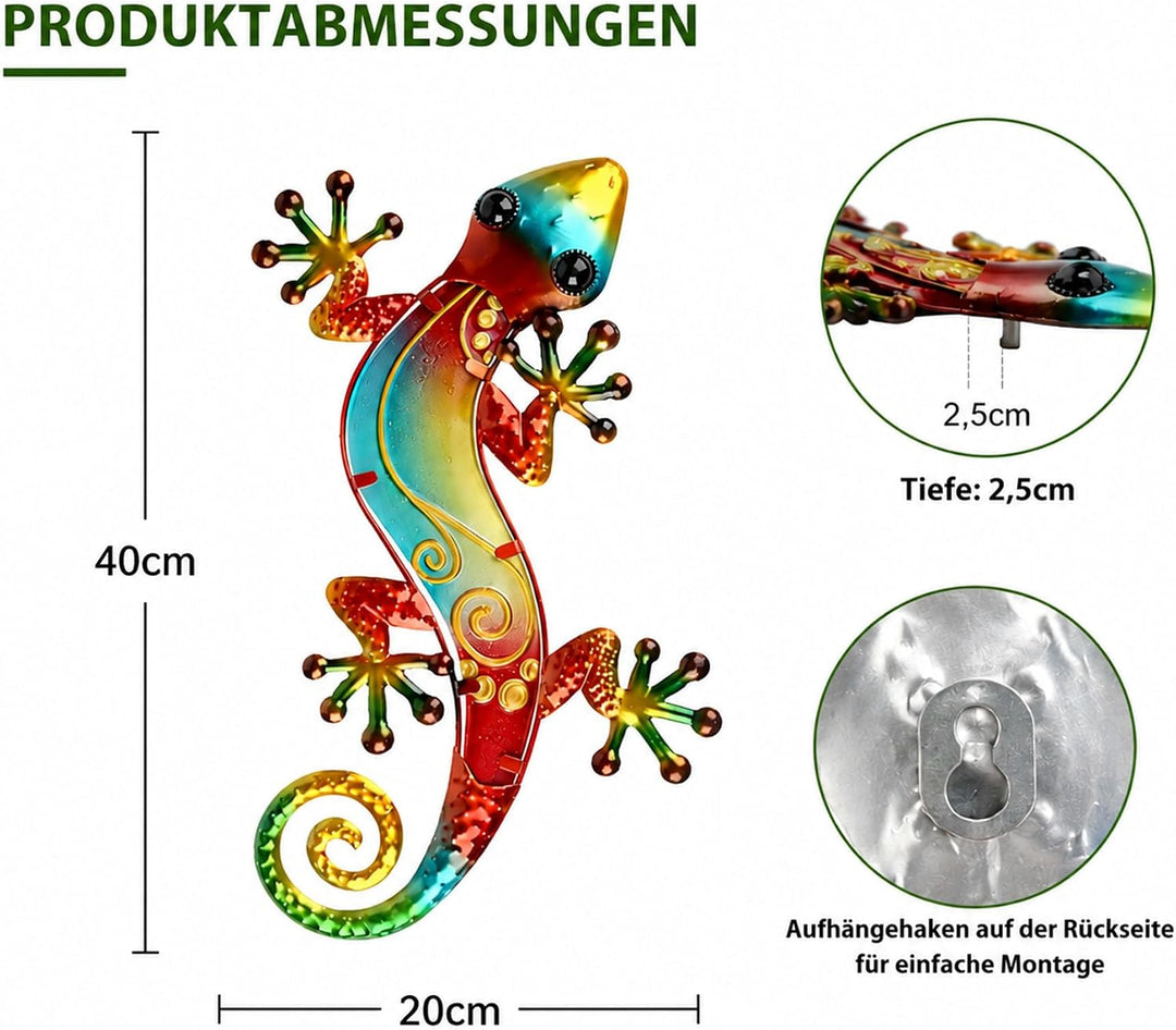 Dexlyn Metall Gecko Gartendeko,Wanddekoration Eidechse Skulptur Hängende 20×40cm Rot, Rot