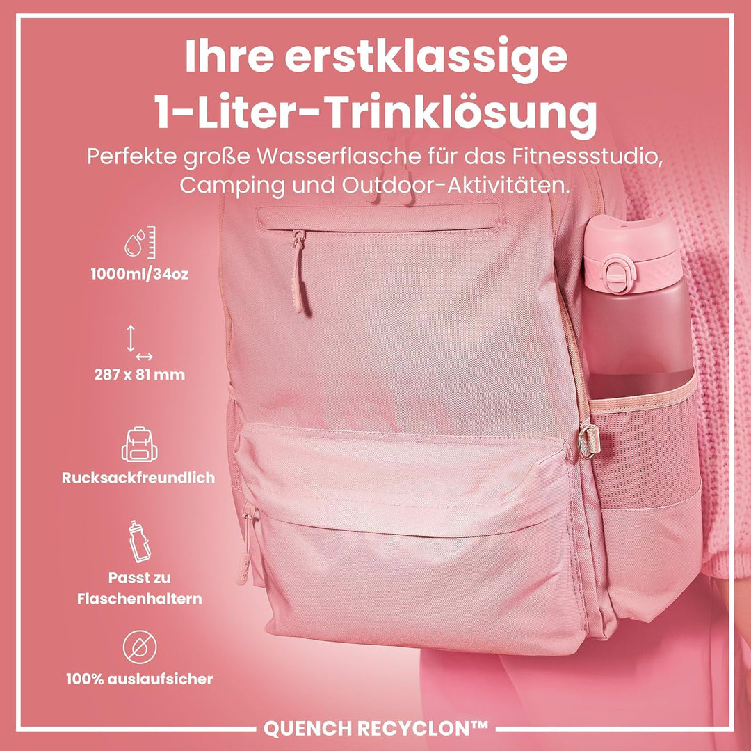 Ion8 1 Liter Trinkflasche, 1000ml, Auslaufsicher, Einhandöffnung, Sichere Verriegelung, Spülmaschine
