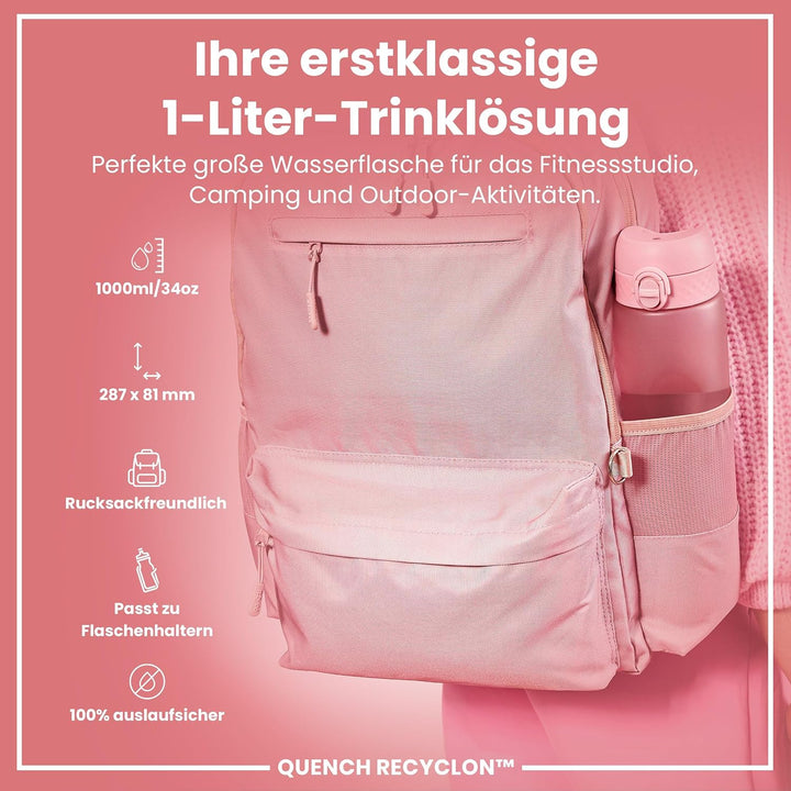 Ion8 1 Liter Trinkflasche, 1000ml, Auslaufsicher, Einhandöffnung, Sichere Verriegelung, Spülmaschine